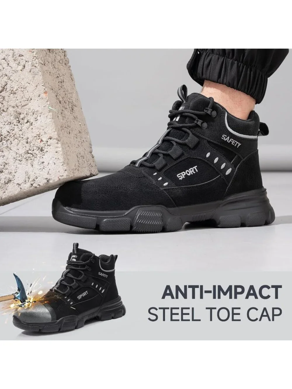 Men's Black Splashproof Shoes Casual High Top Steel Toe Non Slip Hiking Boots